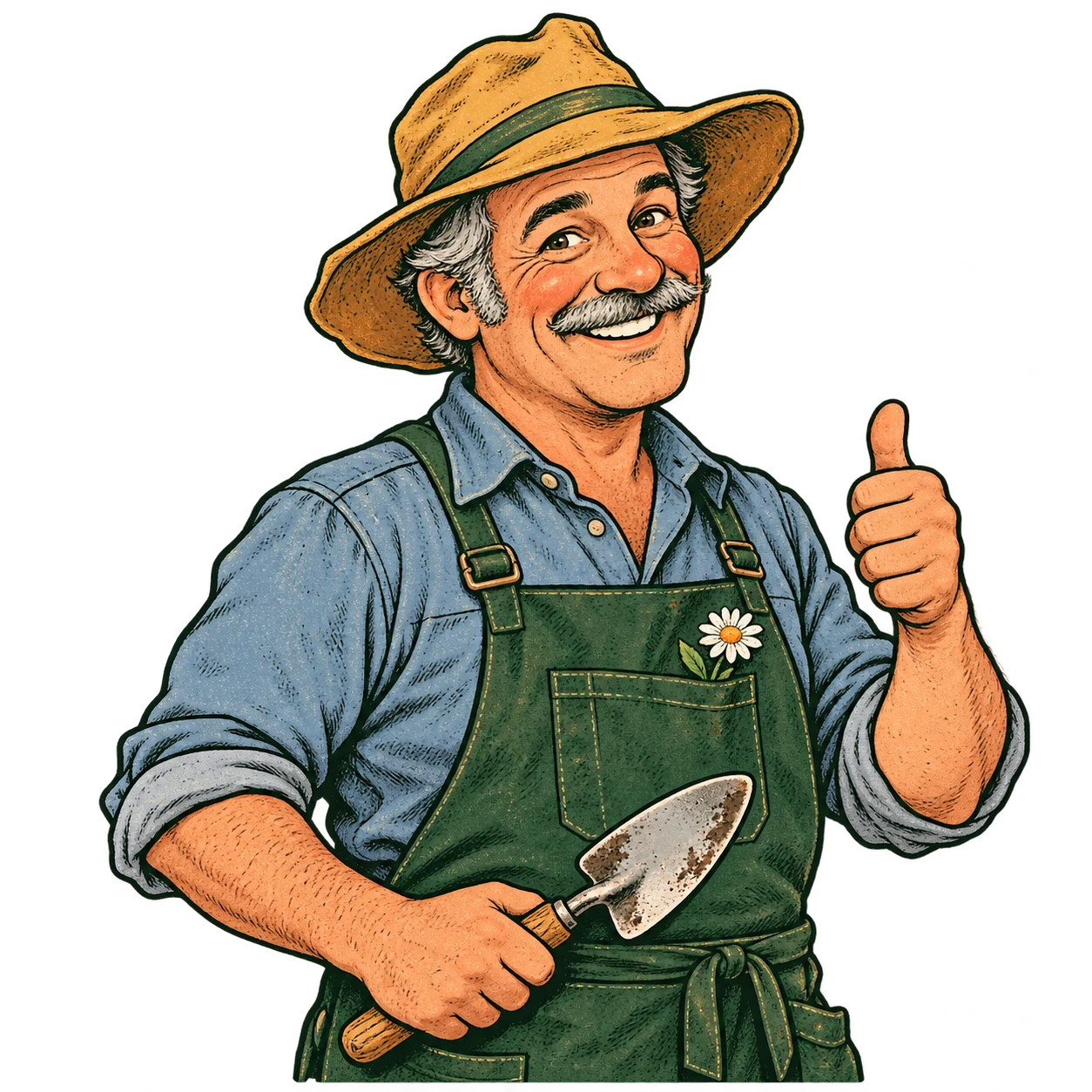 Illustrated Uncle Dusty, a smiling gardener in a floppy hat with a trowel